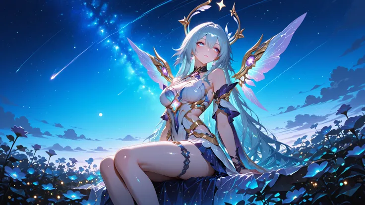 herscher of origin, honkai star rail, glow, shine, hip, night, stars, whimsical, glossy, aesthetic, artistic, cinematic, dreamy, sit in garden, clear blue sky, looking to the sky, off-centered