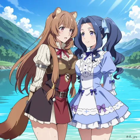 Tateyuu, Big breasted Melty), raphtalia, yuri, side by side selfi together, anime style,  thighs, big breasts press, , Background a beautiful lake., al aire libre, (rustic bikinis by Ojas de Palmeras)) score_9, score_8_above, score_7_above, masterpiece, th...