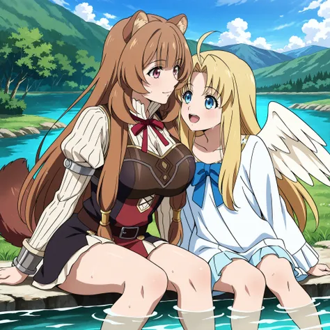 Tateyuu, Filo with large breasts), raphtalia, yuri, side by side selfi together, anime style,  thighs, big breasts press, , Background a beautiful lake., al aire libre, (rustic bikinis by Ojas de Palmeras)) score_9, score_8_above, score_7_above, masterpiec...