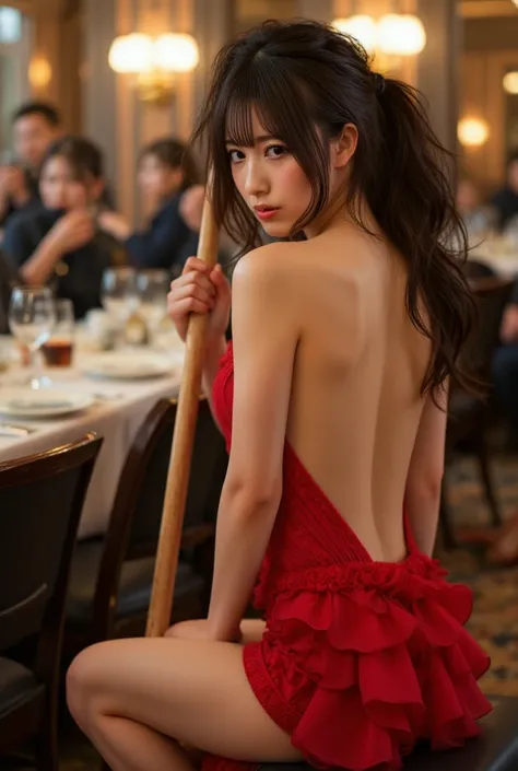 realistic image, absurdres, detailed textures, ultra detailed, detailed face, detailed eyes, high definitions, a woman attacking a human sized ants with a broom, inside a luxury restaurant, determined face, blushing, a stunning beauty face, big breast, sli...