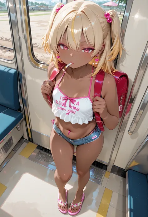 Inside a commuter train、elementary school student、 belly button、earrings、Blonde、brown skin、Ebony、Full body bare feet, beach sandals、cigarette hanging from both hands on the strap of a train（There is smoke coming out）I have it in my hand  