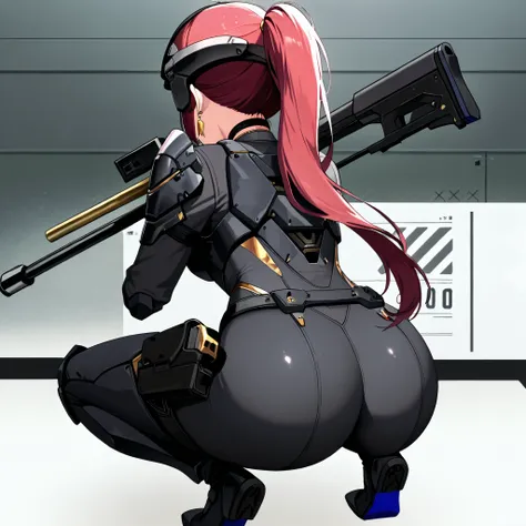 score_9, score_8_up, score_7_up,anime_screenshot,OFFICIAL ART,anime coloring, official anime artwork, screencap, anime screencap,uncensored,Newest,NIKKE style,BREAK,1girl,solo,nikkedollasuit,ponytail,BREAK,(Sniper Rifle),full face helmet,sniper glasses,(bl...