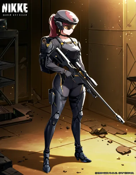 score_9, score_8_up, score_7_up,anime_screenshot,OFFICIAL ART,anime coloring, official anime artwork, screencap, anime screencap,uncensored,Newest,NIKKE style,BREAK,1girl,solo,nikkedollasuit,ponytail,commander type,BREAK,(Sniper Rifle),full face helmet,sni...