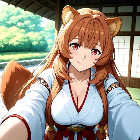 Raphalia , Tate no Yuusha no Nariagari, raccoon ears. round red eyes orange hair with rounded animal ears and fluffy tail, fair skin slender figure and big breasts. She wears Miko outfit Raje de Saserdotisa. WHITE AND RED. Background a Japanese garden , H...