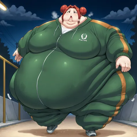akari_shimizu_sl, red hair, double bun, parted hair, hair intakes, brown eyes,large breasts, sweating, wet, sweat stains, tracksuit, shoes, fat, chubby, obese, fat neck, multiple chins, big breasts open mouth, out of breath, Larger female, full body shot, ...