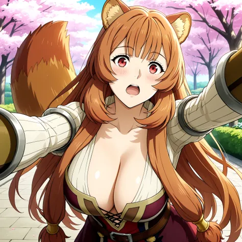Raphalia , Tate no Yuusha no Nariagari, raccoon ears. round red eyes orange hair with rounded animal ears and fluffy tail, fair skin slender figure and big breasts. She wears Miko outfit Raje de Saserdotisa. WHITE AND RED. Background of a Japanese garden ...