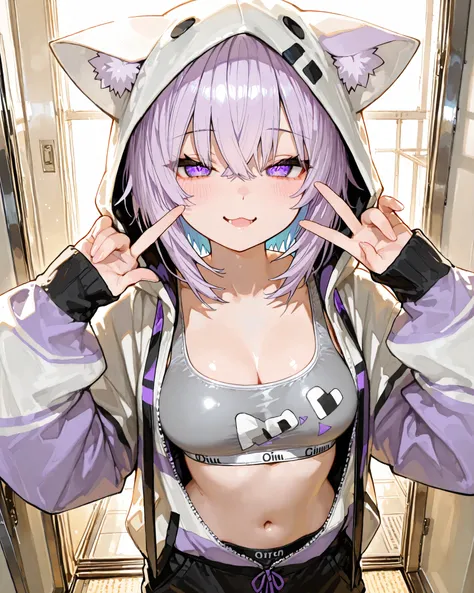 1 sexy gal ,Nekomata Okayu_(ホロライブ), solo, (masterpiece, top quality, highly detailed depiction, incredibly high resolution, high quality anime picture), (voluminous A-line silhouette), (seductive gestures),
A young woman is seen wearing a comfortable, ca...