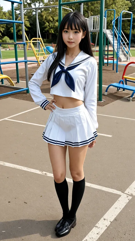 Realistic female japanese high school student standing on an empty school playground、long black hair、cute like an idol、sailor suit、mini skirt、loafers、black high socks、during an all-school meeting、full body view