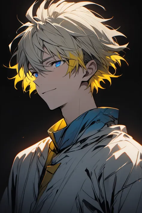 [(Black BACKGROUND:1.5),::5], ((masterpiece)), high quality, ultra very high resolution, full color, ((solo)), ((adult male)), ((men's white Short hair), (inner yellow hair), (blue eye.), light smile, anime, (upper body), (DARKNESS EFFECT:1)