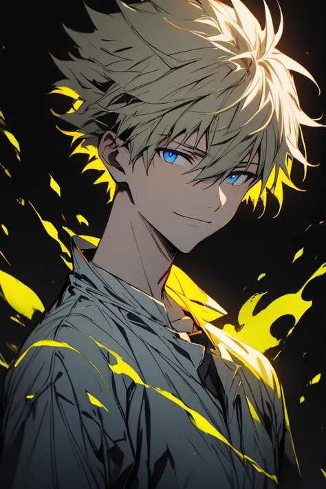 [(Black BACKGROUND:1.5),::5], ((masterpiece)), high quality, ultra very high resolution, full color, ((solo)), ((adult male)), ((men's white Short hair), (inner yellow hair), (blue eye.), light smile, anime, (upper body), (DARKNESS EFFECT:1)