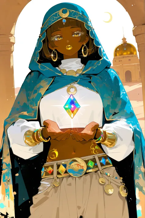 (0__11Xx_illu,duobaan,) The sorceress is a jeweler, a master of artifacts. She has tanned dark skin covered with ornate blue crescent moon tattoos. She has dark-brown shorty haircut ((boy's crewcut)) with a copper sheen. She has golden lips, bronze eyes a...