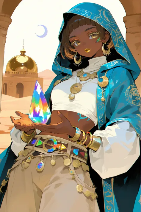 (0__11Xx_illu,duobaan,) The sorceress is a jeweler, a master of artifacts. She has tanned dark skin covered with ornate blue crescent moon tattoos. She has dark-brown shorty haircut ((boy's crewcut)) with a copper sheen. She has golden lips, bronze eyes a...