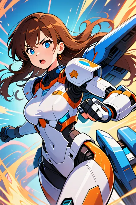 Dirkje Hawwa (young female warrior, long brown hair, expressive blue eyes) wearing (futuristic white mecha suit with vibrant blue and orange trim) about ready to punch, background of swirling blue  orange yellow energy.