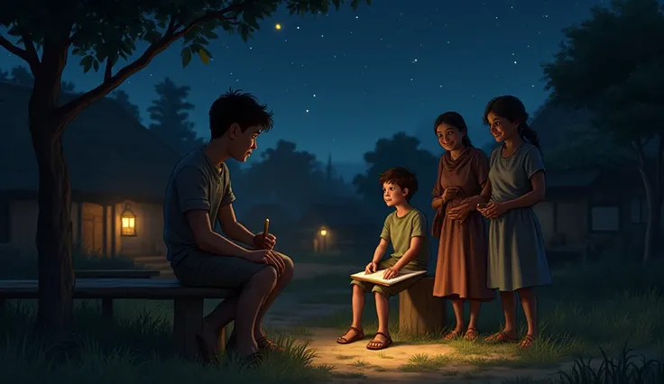 A poor young boy sitting on a wooden bench at night in a small peaceful village, illuminated by a soft warm light shining down on him. He is focused and serious, drawing or writing in a notebook on his lap. Two cheerful villagers, a man and a woman, stand ...