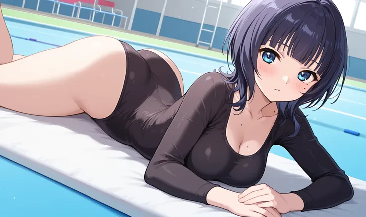 asaka karin, medium hair, collarbone, mole on collarbone, blush, mole, navel, blue eyes, blunt bangs, multiple moles, black leotard, athletic leotard, 1girl, looking at viewer, long sleeve leotard, tight fitting leotard, ass, prone, on stomach, rhythmic g...