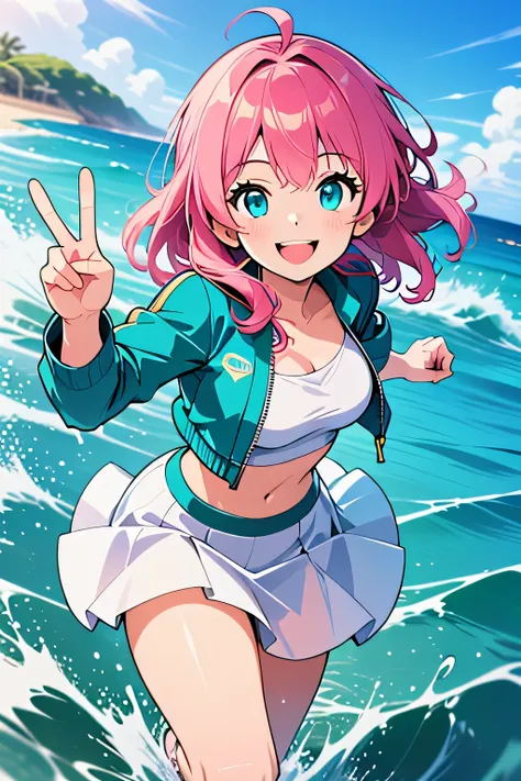 Celis Eddson (young woman, long flowing pink hair, bright blue eyes, energetic, joyful) wearing (teal cropped jacket, short white skirt) running, smiling, giving a playful peace sign with her right hand, background of splashing waves in a beach setting.