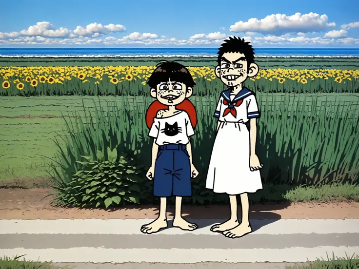 masterpiece, newest,absurdres, incredibly absurdres, 0_11Xx_B,(surreal:1.5), 1boy, outdoors, solo, hat, sailor boy, white dress, black hair, scenery, short hair, flower, sky, day, bag, from behind, grass, short sleeves, cloud, blue sky, shadow, horizon, st...