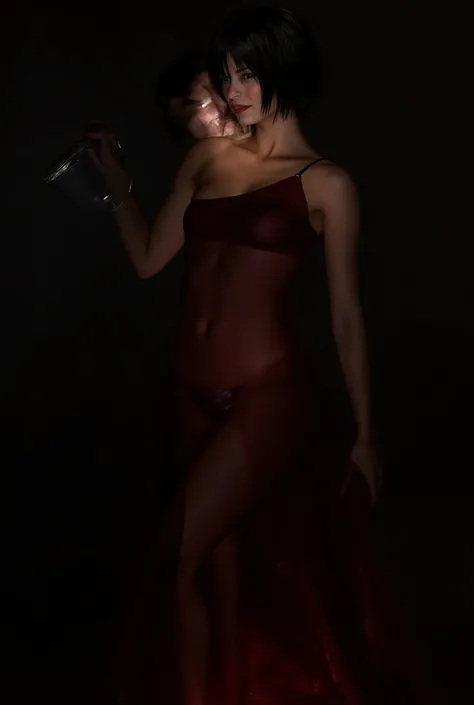 Ada wong form resident evil, cheveux noirs courts,robe rouge , poitrine moyenne, fond noir,  ultra realistic, ass, high quality, better quality, masterpiece, HD,4K,Objectif 70mm.black see-through dress、You can see the light up almost completely naked from ...