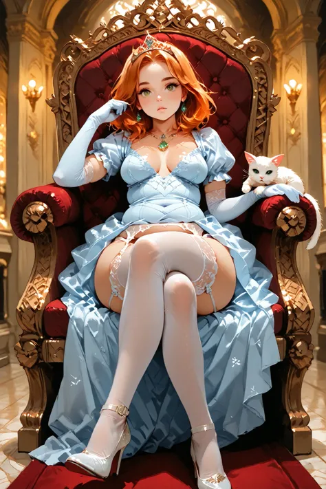 1 girl: orange hair, medium hair,  green eyes, normal chest, perfect exposure, 18 years old, Cute, 748cm style,  Beautiful Girl, 1 girl, solo, Luxury European throne rooms, luxurious large red throne, (The girl sits on the throne), crossed legs, (cute whit...