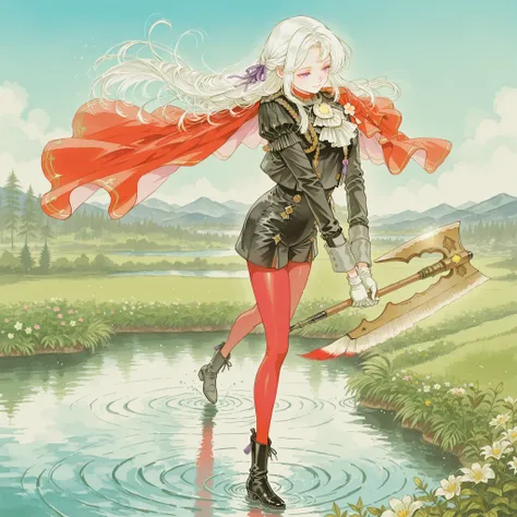 (watercolor (medium), painting (medium), traditional media, stylish,
dfltedel, long hair, half updo, white hair, sidelocks, purple eyes, hair ribbon, purple ribbon, red cape, side cape, black jacket, white ascot, black shorts, high-waist shorts, red pantyh...