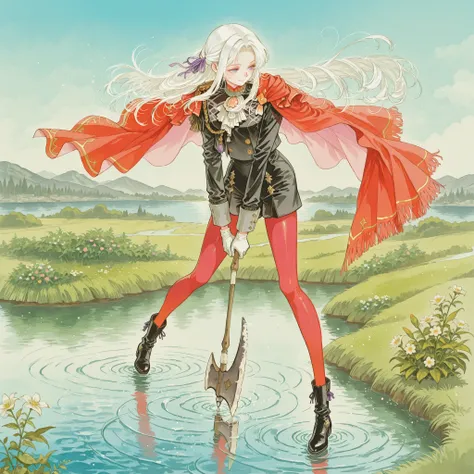 (watercolor (medium), painting (medium), traditional media, stylish,
dfltedel, long hair, half updo, white hair, sidelocks, purple eyes, hair ribbon, purple ribbon, red cape, side cape, black jacket, white ascot, black shorts, high-waist shorts, red pantyh...