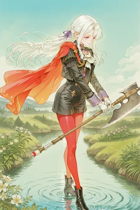 (watercolor (medium), painting (medium), traditional media, stylish,
dfltedel, long hair, half updo, white hair, sidelocks, purple eyes, hair ribbon, purple ribbon, red cape, side cape, black jacket, white ascot, black shorts, high-waist shorts, red pantyh...