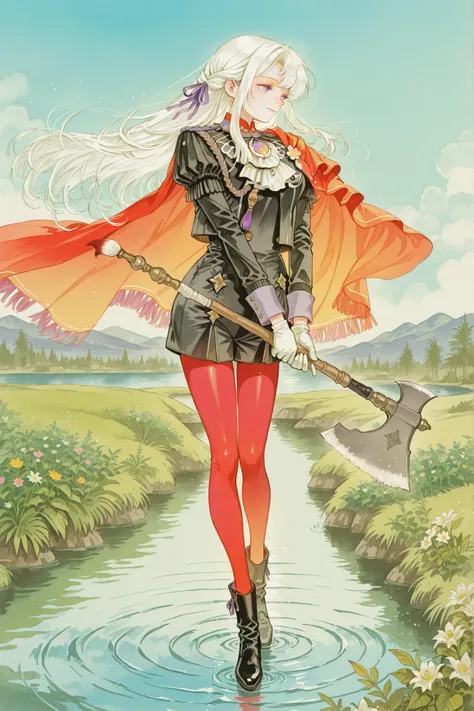(watercolor (medium), painting (medium), traditional media, stylish,
dfltedel, long hair, half updo, white hair, sidelocks, purple eyes, hair ribbon, purple ribbon, red cape, side cape, black jacket, white ascot, black shorts, high-waist shorts, red pantyh...