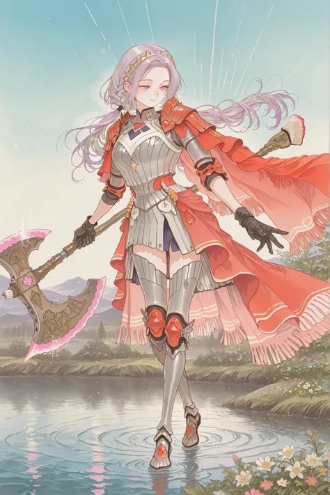 (watercolor (medium), painting (medium), traditional media, stylish,
3hedel, crown braid, low ponytail, purple eyes, gold hairband, red pauldrons, red cape, grey armor, red waist cape, black gloves, armored legwear, sagfntr,
holding battle axe, a dynamic ...