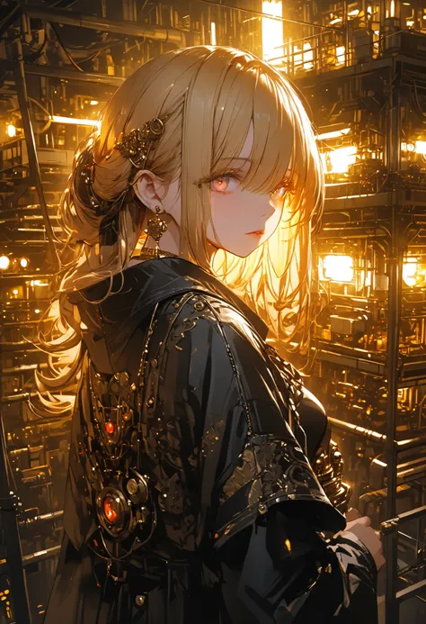 from the top of a small mountain、The factory in front of you、Factory night view、 like a jewel box、Girl watching 、masterpiece,(masterpiece),fuill body ,best quality ,(Highest Quality), cinematiclighting ,(cinematic lighting)、beautiful detailed eyes ,eye det...