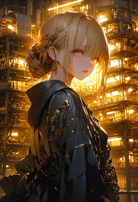 from the top of a small mountain、The factory in front of you、Factory night view、 like a jewel box、Girl watching 、masterpiece,(masterpiece),fuill body ,best quality ,(Highest Quality), cinematiclighting ,(cinematic lighting)、beautiful detailed eyes ,eye det...