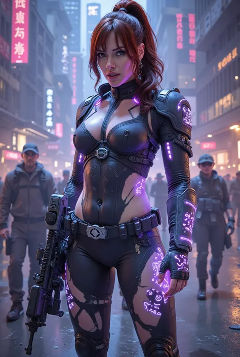 In this captivating image, the central female character (Sarah Kerrigan, inspired by the Star Craft game, Supermodel, beautiful face), red brown ponytail long hair, exudes Confident Star Craft Ghost sniper, wearing a white Terran Ghost psionic energy snipe...