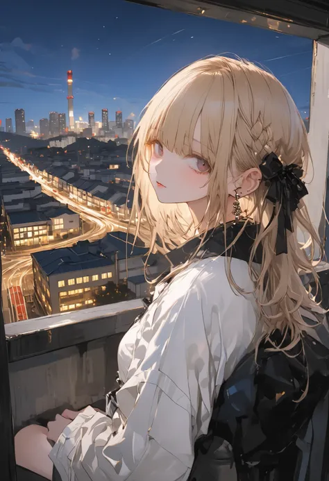 from the top of a small mountain、The factory in front of you、Factory night view、 like a jewel box、Girl watching