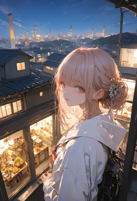 from the top of a small mountain、The factory in front of you、Factory night view、Jewel Illumination、Girl watching