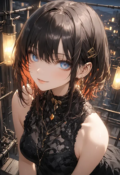 from the top of a small mountain、The factory in front of you、Factory night view、Jewel Illumination、Girl watching 、meteor、空から降り注ぐmeteor、無数のmeteor、masterpiece,(masterpiece),fuill body ,best quality ,(Highest Quality), cinematiclighting ,(cinematic lighting)、...