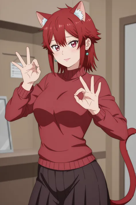 Tomo Aizawa , medium hair, red hair, medium breasts, earrings, pink lips , fire red eyes, muscle body, | Location: A cat-head-shaped barber shop . There is a sign in front of the store that says "Cats Only . " You can see Doraemon's back of head as he ente...