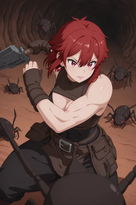 Tomo Aizawa , medium hair, red hair, medium breasts, earrings, pink lips , fire red eyes, muscle body, | Cute,748cmstyle,top quality, masterpiece, high resolution, ant hunter female warrior, specially crafted weapon, confrontation with the giant black ant ...