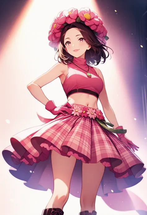 masterpiece, best quality, highres, a female ,solo ,brown medium hair,smile,rouge lips, momoiro kataomoi costume, pink turtleneck ,sleeveless turtleneck,pendant ,navel,flower belt pink plaid skirt,pink petticoat, long boots,pink glove, flower hat,standing ...
