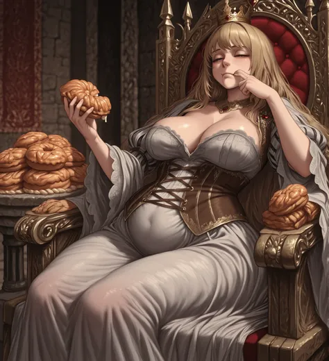 a medieval Queen, wearing a flowing dress, small crown, with ill fitting small corset and bodice, sitting bored in her throne, eating one large pastry with her left hand, overweight, curvy, bodice partially undone, round belly, bloated upper belly, belly s...