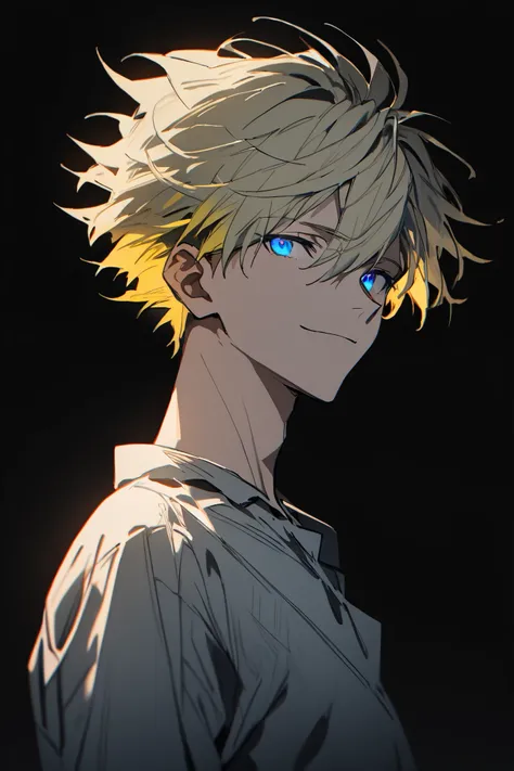 [(Black BACKGROUND:1.5),::5], ((masterpiece)), high quality, ultra very high resolution, full color, ((solo)), ((adult male)), ((men's white Short hair), (inner yellow hair), (blue eye.), light smile, anime, (upper body), (DARKNESS EFFECT:1)
