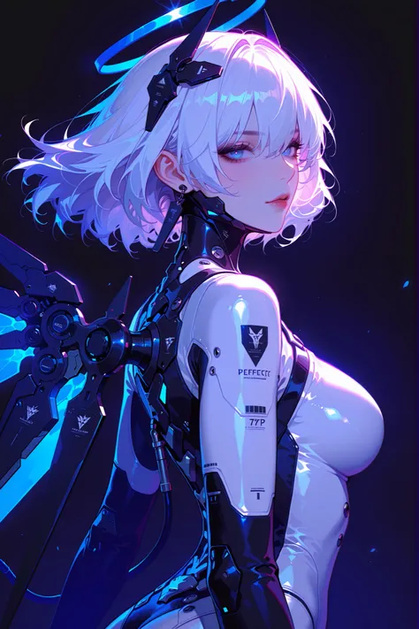 score_9, score_8_up, score_7_up, unaestheticXL_bp5, Masterpiece, 1girl, Solo, Laurel, Punishing gray raven, cyborg, perfect face, blue eyes, Eyelashes, white hair, medium hair, floating hair, headgear, neutral, innexpressive, intense expression, Looking pl...