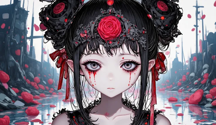 anime girl dressed in black lace and crimson ribbons, tears of blood falling from her eyes, surrounded by wilted roses, upper body close-up, dramatic shadows, gothic beauty, emotional expression