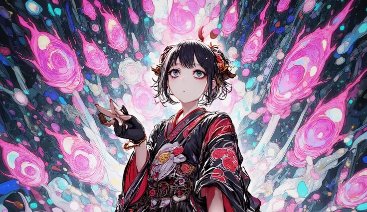 anime gothic queen with black and red kimono inspired outfit, surrounded by magical flames and falling petals, upper body portrait, apocalyptic setting, beautiful and terrifying expression, ultra-detailed