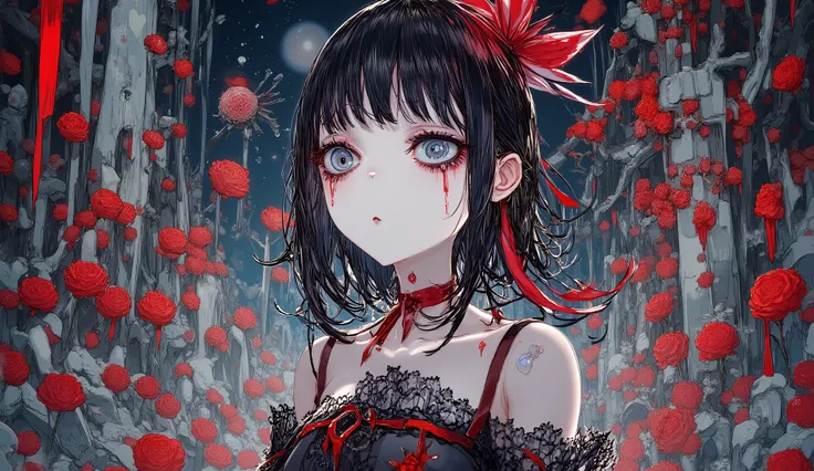 anime girl dressed in black lace and crimson ribbons, tears of blood falling from her eyes, surrounded by wilted roses, upper body close-up, dramatic shadows, gothic beauty, emotional expression