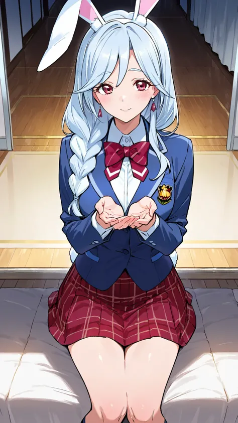 Supreme Masterpiece、Highest Quality、Fresh Pretty Cure!Mother of Love、 Married women 、mature woman 、美しいMarried women 、 medium bust、C cup、Raise your hands and cheer、rabbit ears、rabbit tail、light blue hair、blazer uniform、red plaid skirt 、ground、