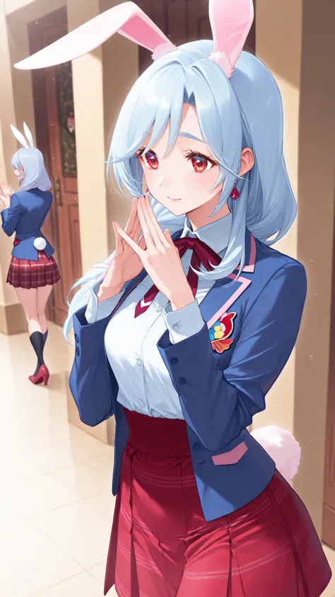 Supreme Masterpiece、Highest Quality、Fresh Pretty Cure!Mother of Love、 Married women 、mature woman 、美しいMarried women 、 medium bust、C cup、Raise your hands and cheer、rabbit ears、rabbit tail、light blue hair、blazer uniform、red plaid skirt 、ground、