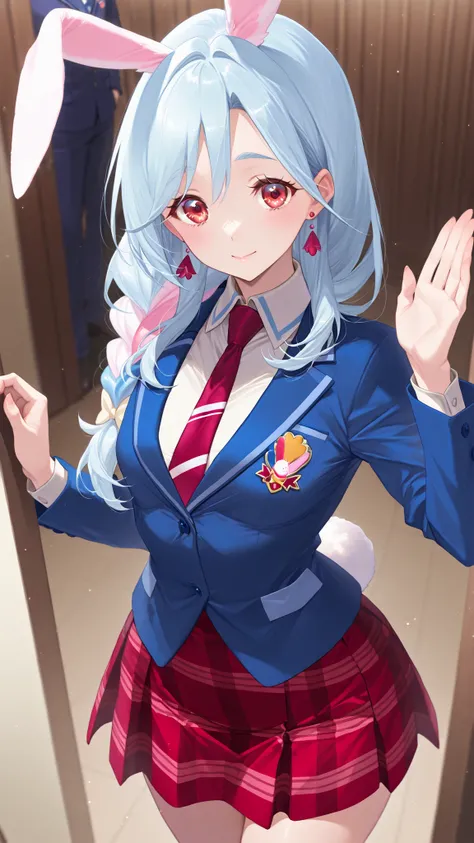 Supreme Masterpiece、Highest Quality、Fresh Pretty Cure!Mother of Love、 Married women 、mature woman 、美しいMarried women 、 medium bust、C cup、Raise your hands and cheer、rabbit ears、rabbit tail、light blue hair、blazer uniform、red plaid skirt 、ground、