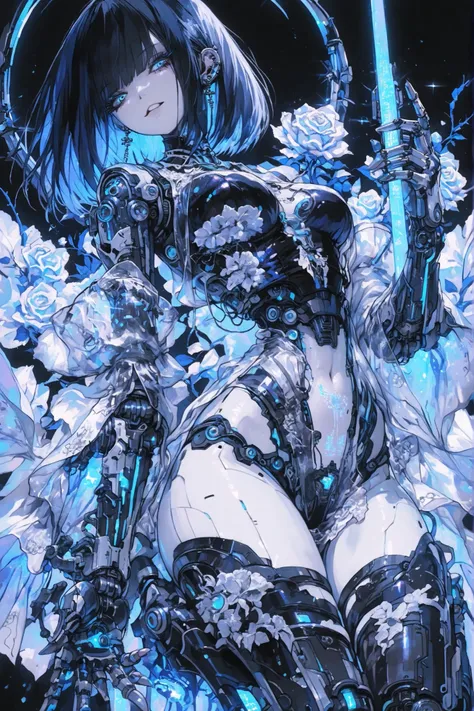 beautiful sexy, slender half-robot android girl, Holding a white rose in her hand, mechanical arms, mechanical legs, pale transparent skin, through thin skin, you can see the skeleton, beautiful big blue eyes , very long black eyelashes, , half woman with ...