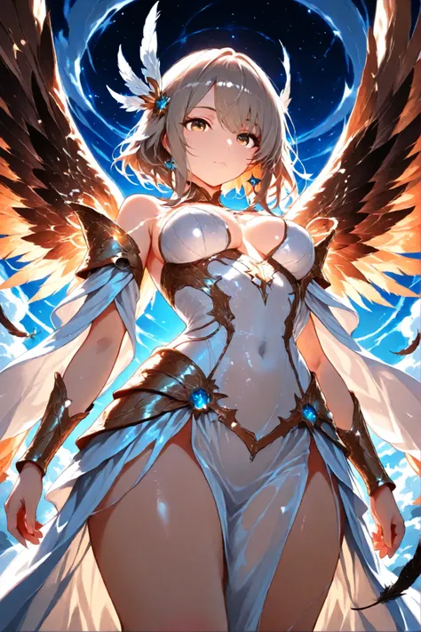 A celestial female warrior angel in an ornate fantasy setting, kneeling on one knee with a powerful and graceful pose. and having a big boobs and sucking the big penis . side view of her laying on the floor on knee .She has long silver hair, radiant golde...