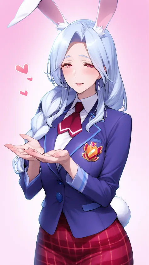 Supreme Masterpiece、Highest Quality、Fresh Pretty Cure!Mother of Love、 Married women 、mature woman 、美しいMarried women 、 medium bust、C cup、Raise your hands and cheer、rabbit ears、rabbit tail、light blue hair、blazer uniform、red plaid skirt 、ground、