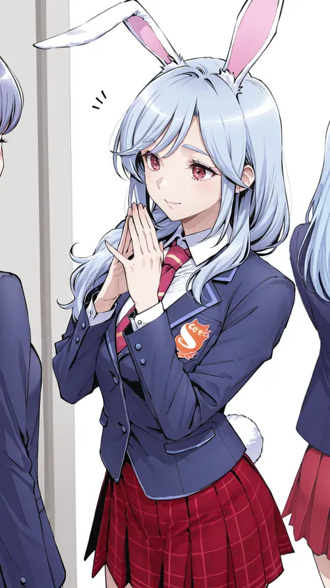 Supreme Masterpiece、Highest Quality、Fresh Pretty Cure!Mother of Love、 Married women 、mature woman 、美しいMarried women 、 medium bust、C cup、Raise your hands and cheer、rabbit ears、rabbit tail、light blue hair、blazer uniform、red plaid skirt 、ground、